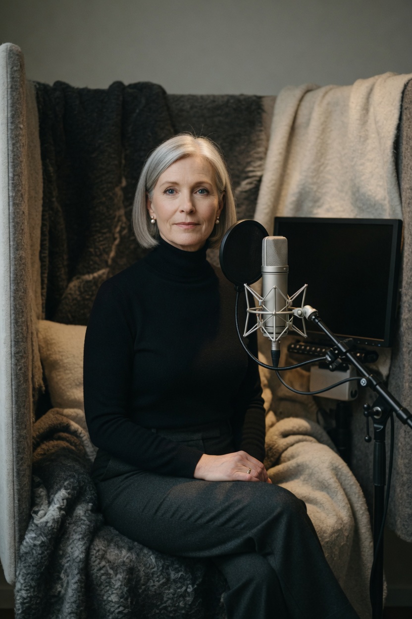 Ione with a silver bob, black turtleneck, seated in a small blanket-lined booth, a microphone on a stand, no readable screen.