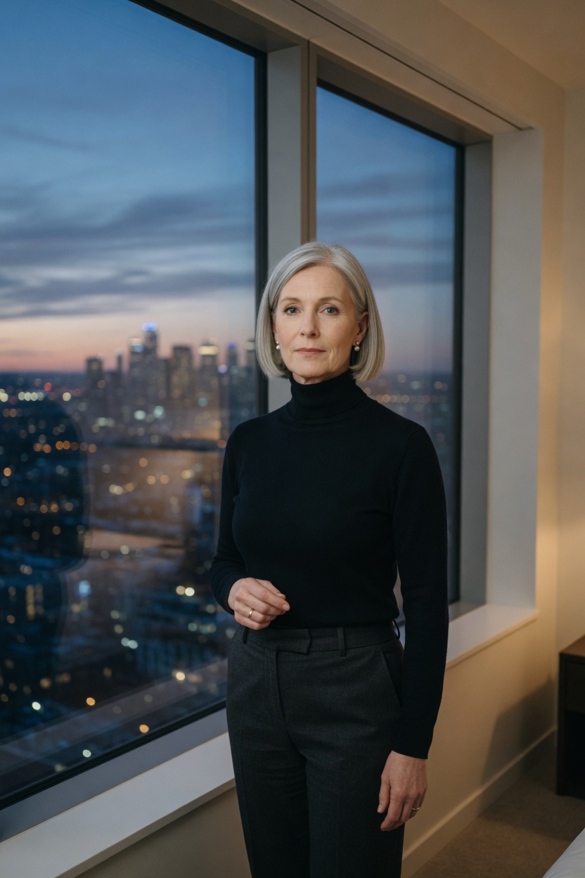 Ione in a black turtleneck, silver bob, standing at a hotel window in a plain room, city dusk.