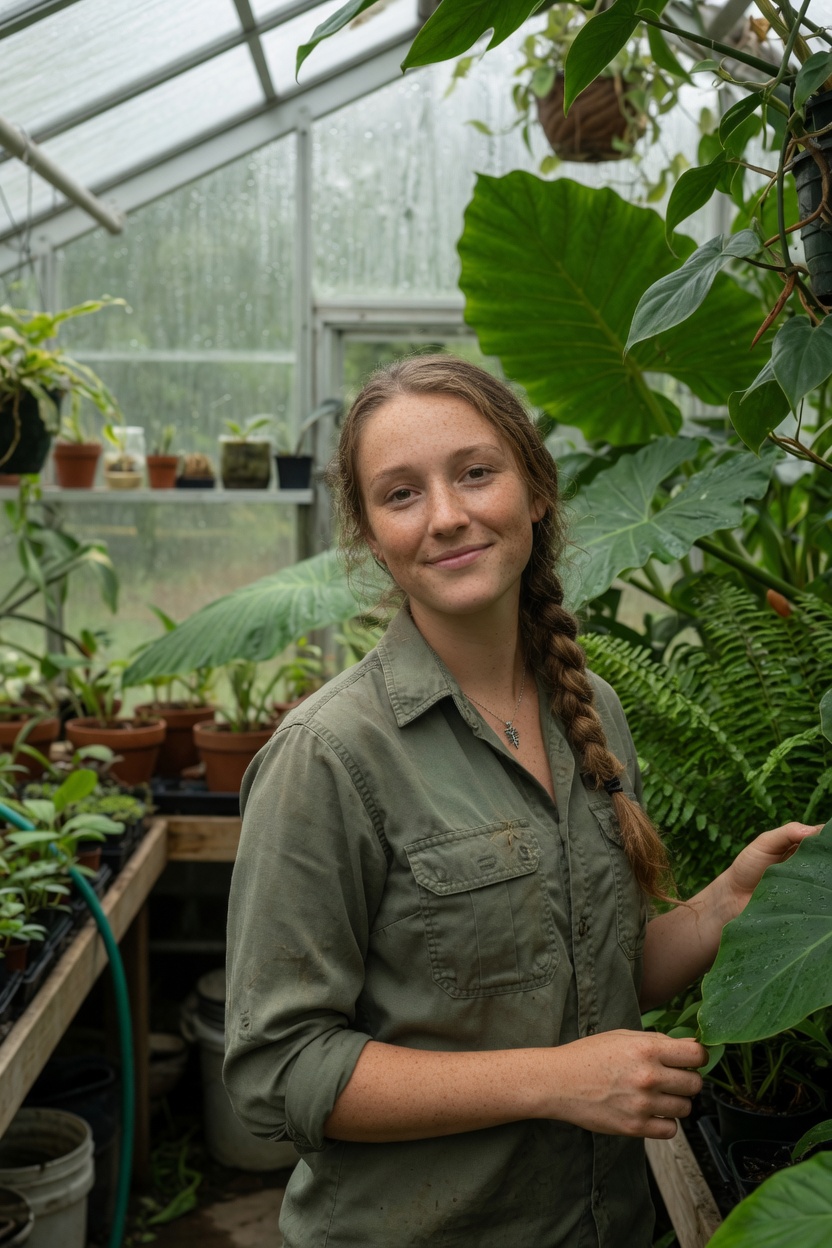 Ivy, an adult with freckles and a dark blonde braid, green field shirt, standing in a greenhouse among leaves.
