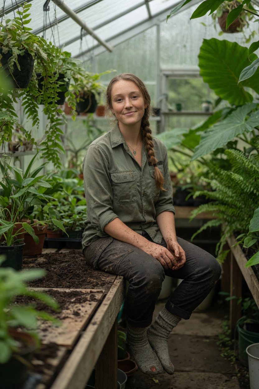 Ivy seated on a potting bench, field shirt, boots off, soil on her hands, plants behind her.