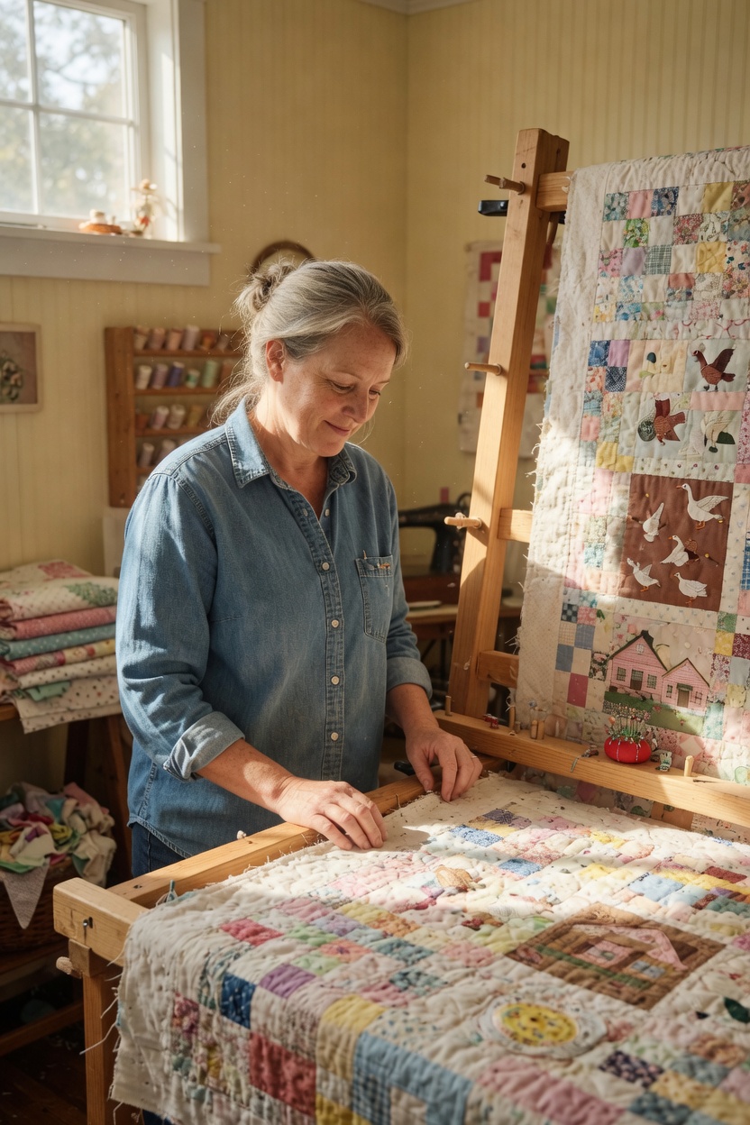 Janice with a grey-blonde bun, chambray shirt, standing at a quilt frame in a sunny room, patches with no readable words.
