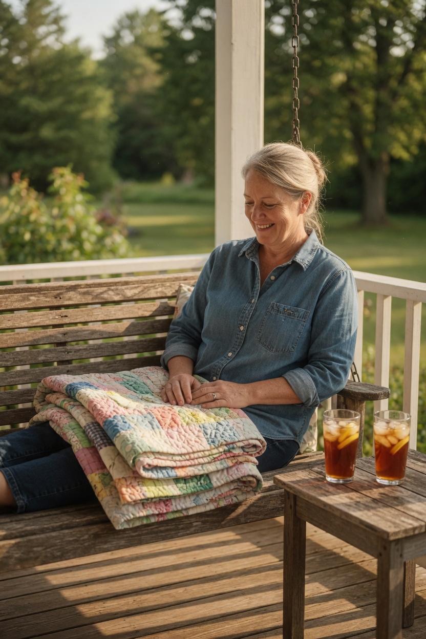 Janice on a porch swing, chambray shirt, quilt folded beside her, two iced teas, late afternoon.