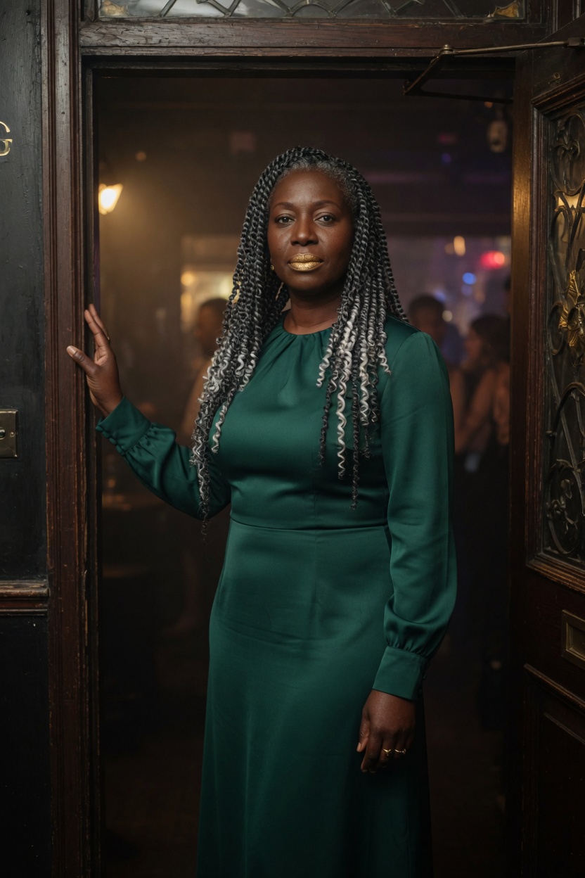 Jewel in a closed emerald dress, twists down, standing in a doorway at the side of a club, one hand on the frame.
