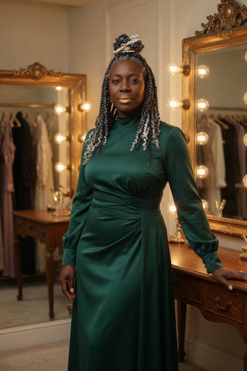 Jewel with deep brown skin and silver-streaked twists, in a closed long-sleeve emerald dress, standing in a dressing room with warm round bulbs.