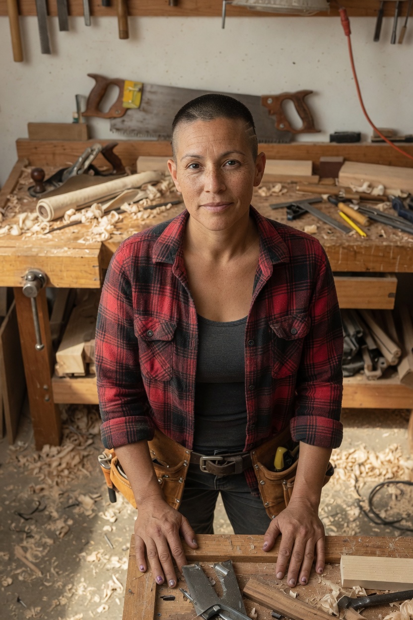 Jo with a dark buzz cut, flannel shirt, standing at a wood bench with hand tools, sawdust on the floor.