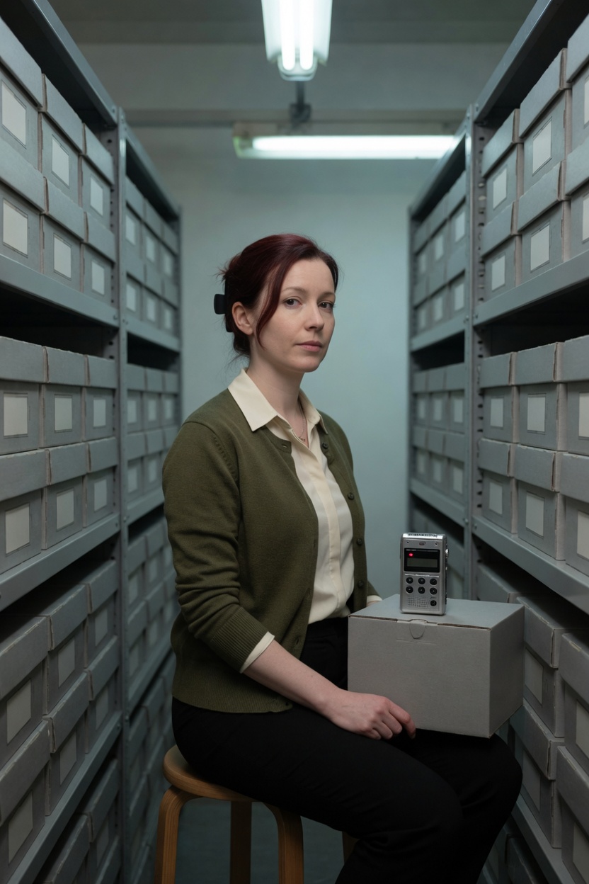 June seated on a low stool in the stacks, cardigan open, a small recorder on a closed box, no readable labels.