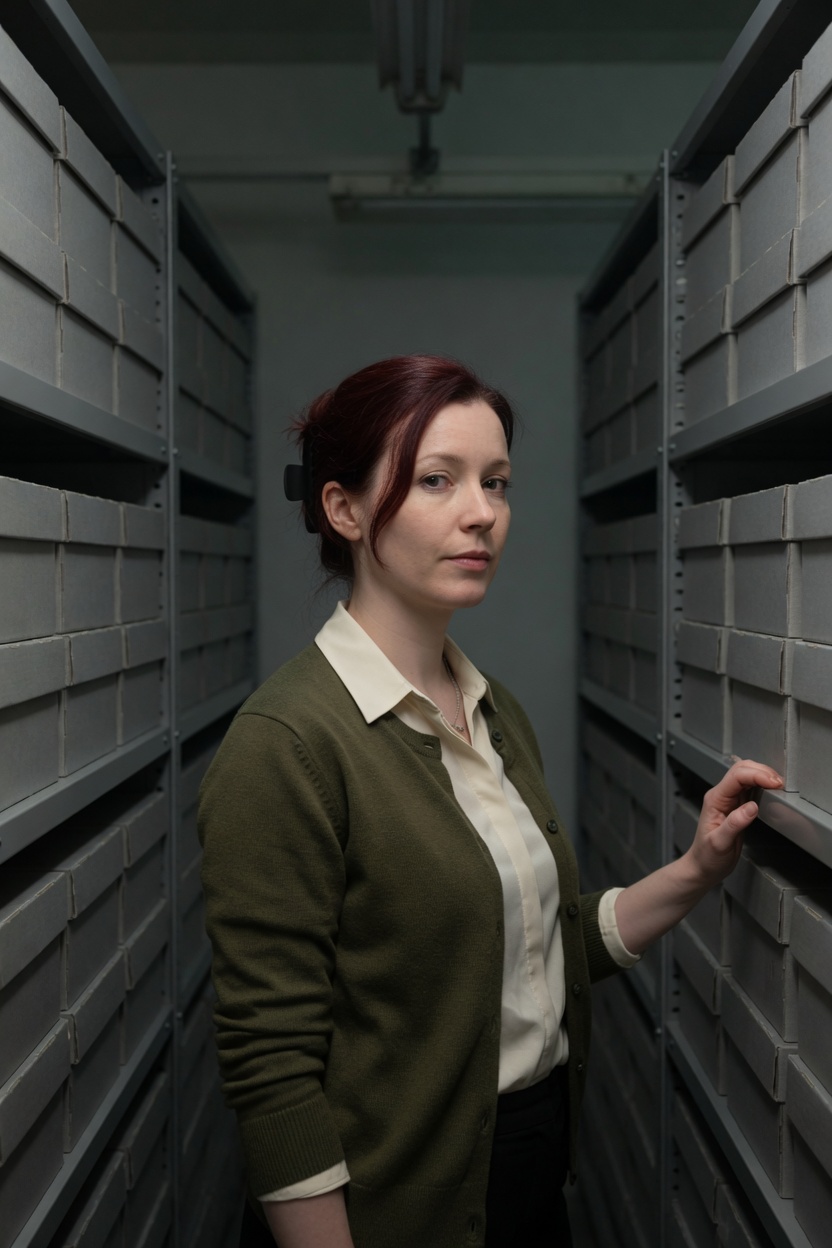 June in an olive cardigan, dark red hair clipped back, standing between shelves of plain grey archive boxes.