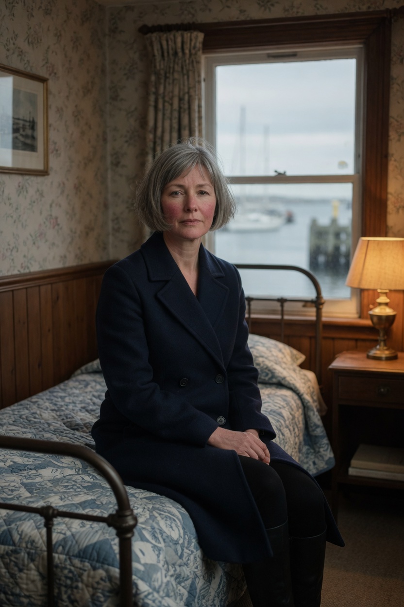 Juno in a navy wool coat, grey bob, seated on a narrow bed in a small harbor hotel room.