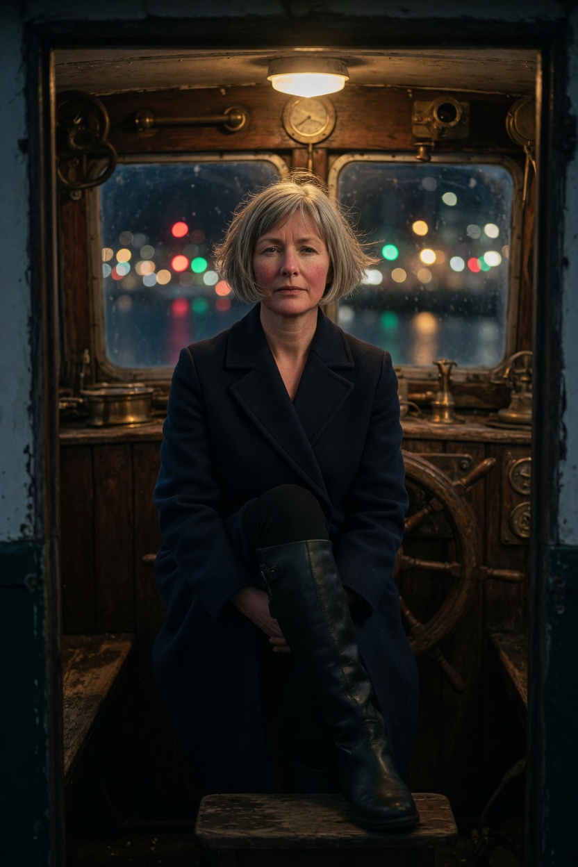 Juno with a grey bob, navy wool coat with no lettering, standing in a small dark wheelhouse, harbor lights in the window.