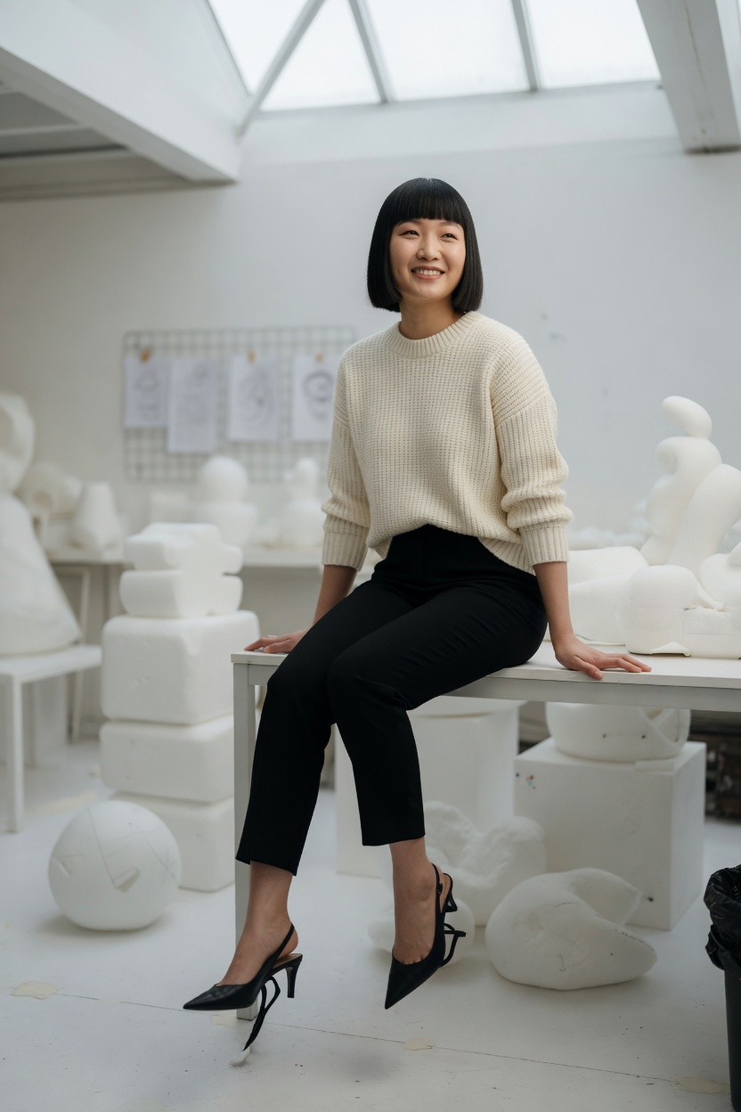 Keiko seated on her desk, cream knit, one heel dangling, models soft behind her.
