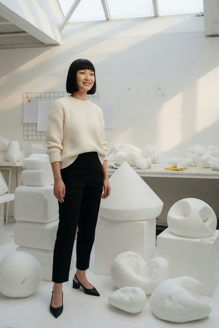 Keiko with blunt black hair, cream knit, standing among plain foam models in a bright studio, heels on.