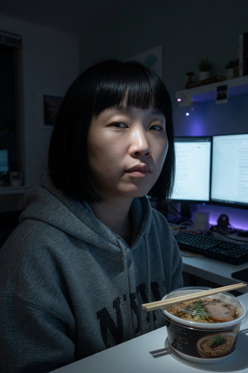 the monitor glow, the app open to three green dots, noodles, my face doing nothing the call could use.
