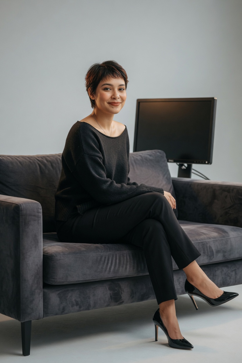 Kira on a studio sofa in the black sweater and heels, monitor off behind her.