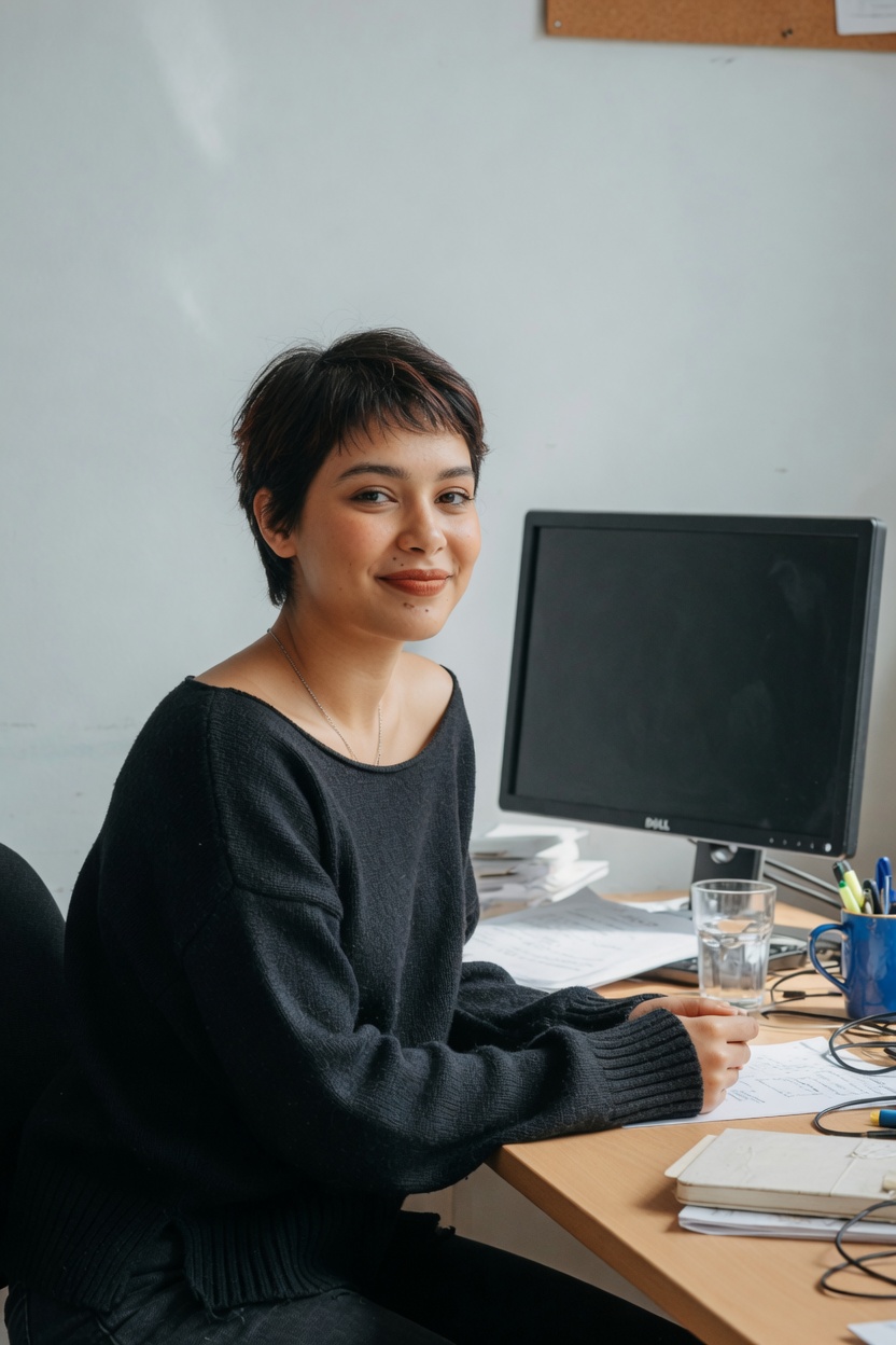 Kira with short dark hair and a copper tint, oversized black sweater, seated at a desk with a dark monitor.