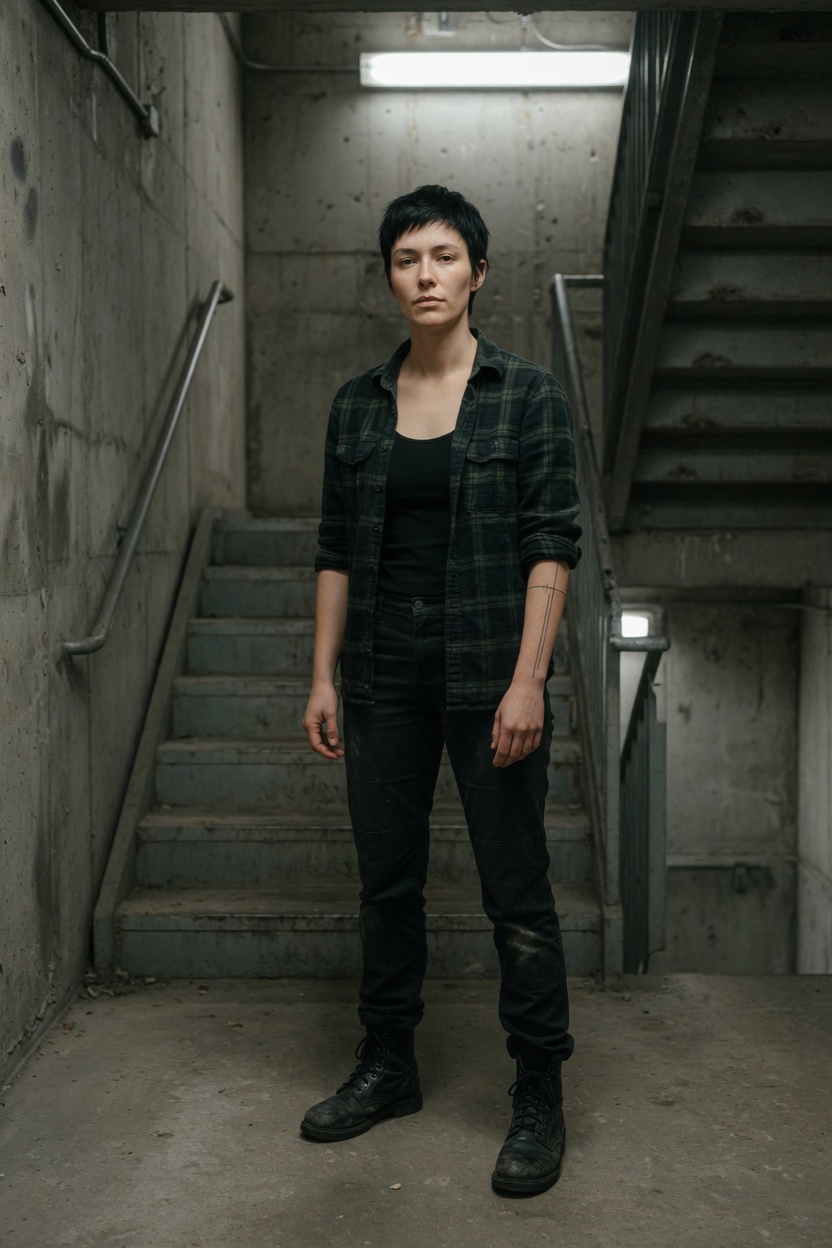Kit in a flannel shirt, short black hair, standing in a concrete stairwell under a plain light.