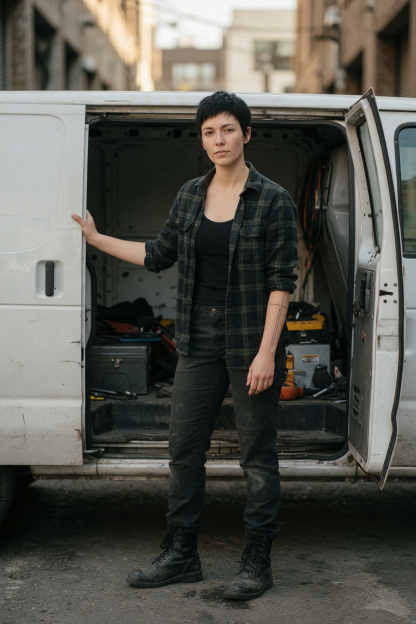 Kit, an adult woman of 22, short black hair, flannel shirt and work pants, standing at the open back of a plain work van.