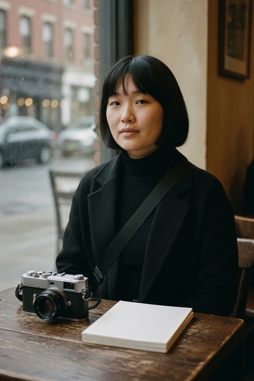Lark in a black coat and turtleneck, bob neat, seated at a table with a camera and a stack of blank photo paper, no readable print.