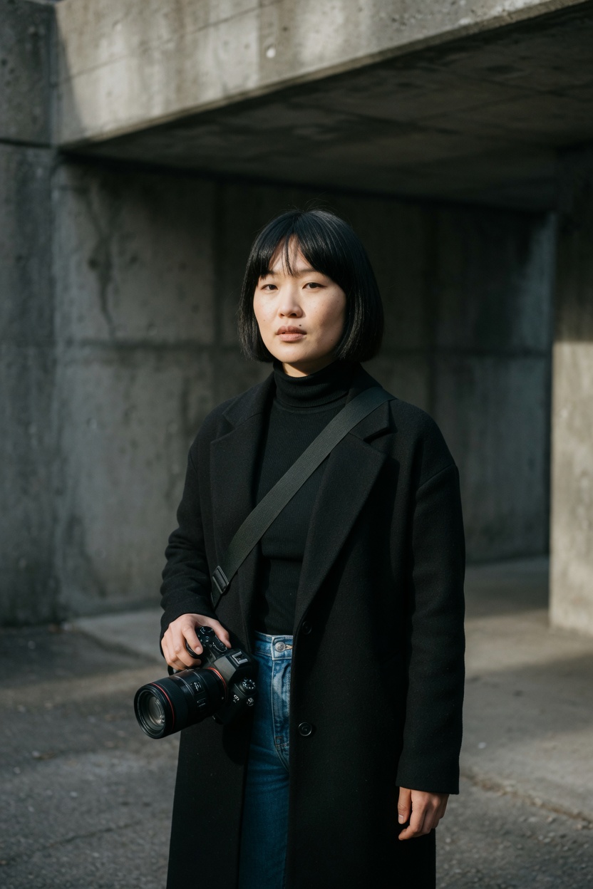 Lark, an adult woman of 25, East Asian, black bob, black wool coat, standing in a concrete underpass with a camera at her hip.