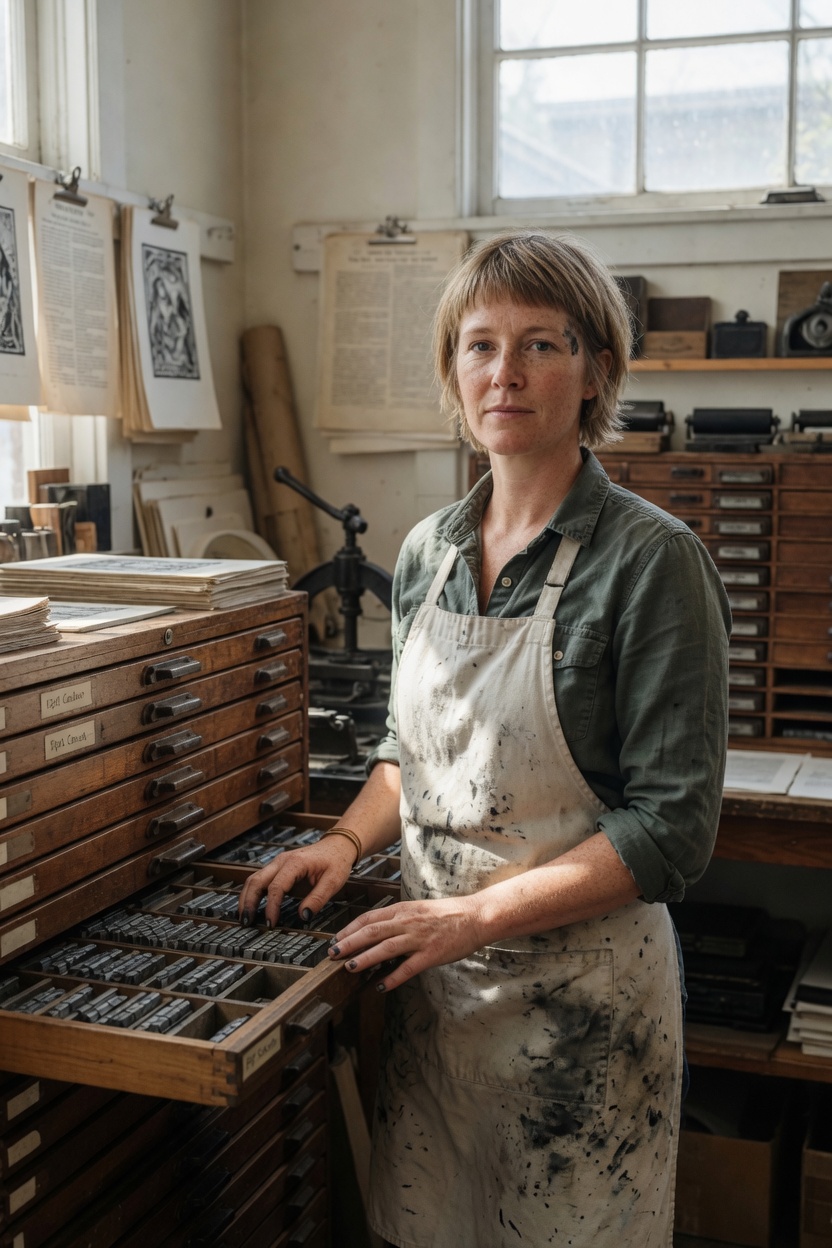 Laurel in a canvas apron with black ink smudges, short sandy hair, standing by wooden type drawers in daylight.