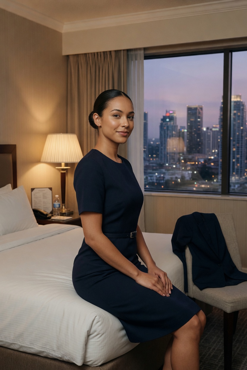 Leona seated on the hotel bed in the plain navy dress, jacket on a chair, city in the window, no logos.
