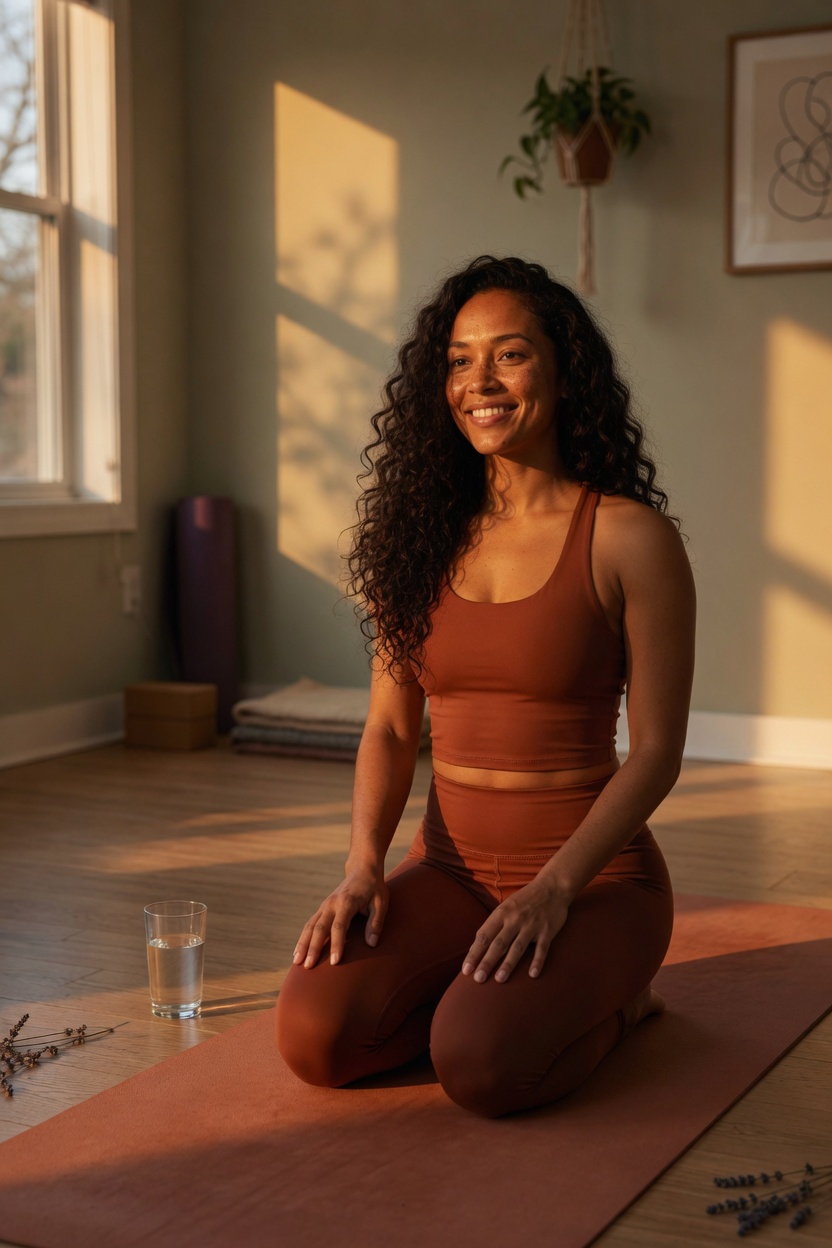 Lila kneeling on the mat in the rust set, a glass of water beside her, evening light.