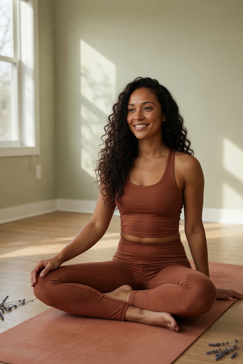 Lila in a rust yoga set, long dark curls, warm brown skin, seated on a mat in an empty home studio.