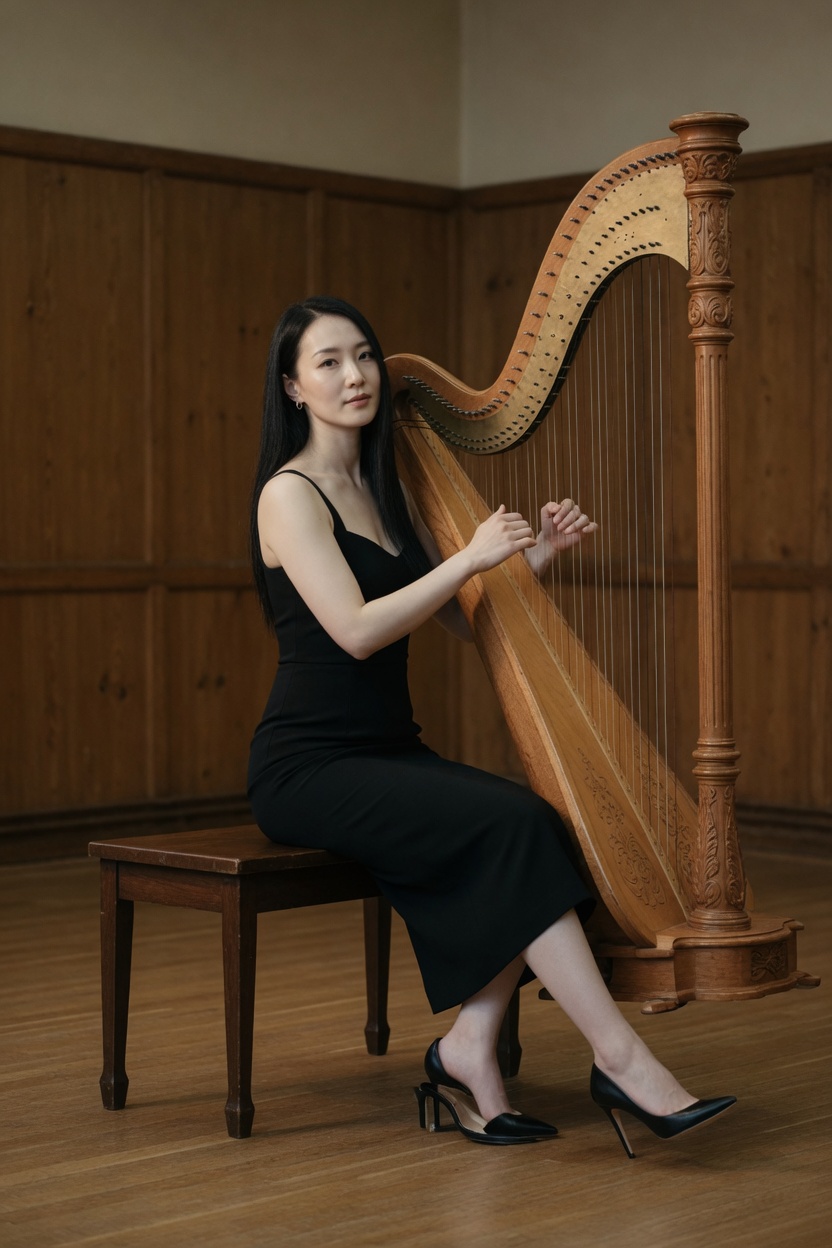 Lorelei in a long black dress, seated at a concert harp, one black heel slipped off.
