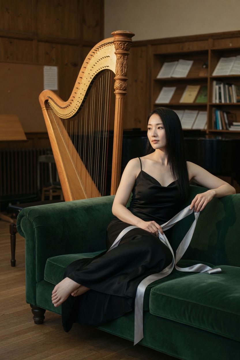 Lorelei on a music-room sofa in the black dress, a silk ribbon in her hand, bare feet on the cushion, harp behind her.