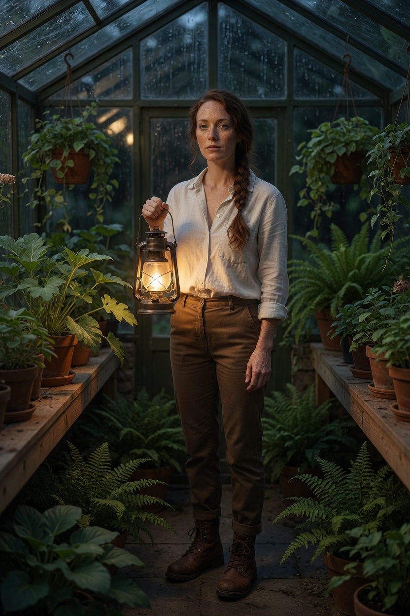 Lovage with freckles and a red-brown braid, linen shirt, standing in a home greenhouse at night, plants on benches.