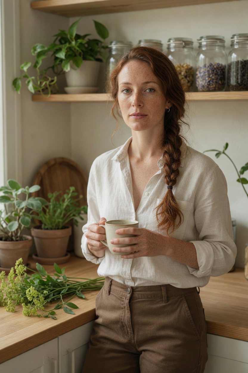 Lovage in a linen shirt and brown trousers, braid loose, standing in a small kitchen, a mug on the counter.
