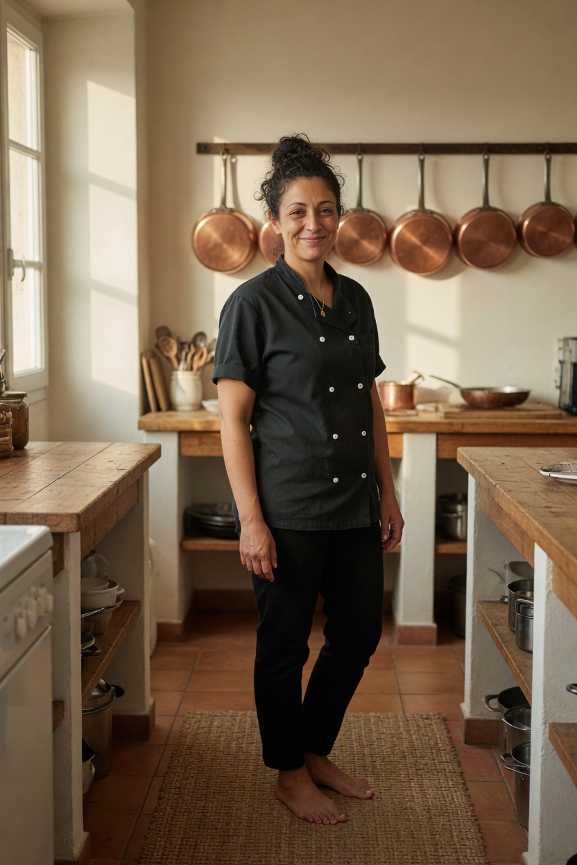 Lucia in the chef shirt untucked, morning kitchen, copper pans on the rack, barefoot on the mat.