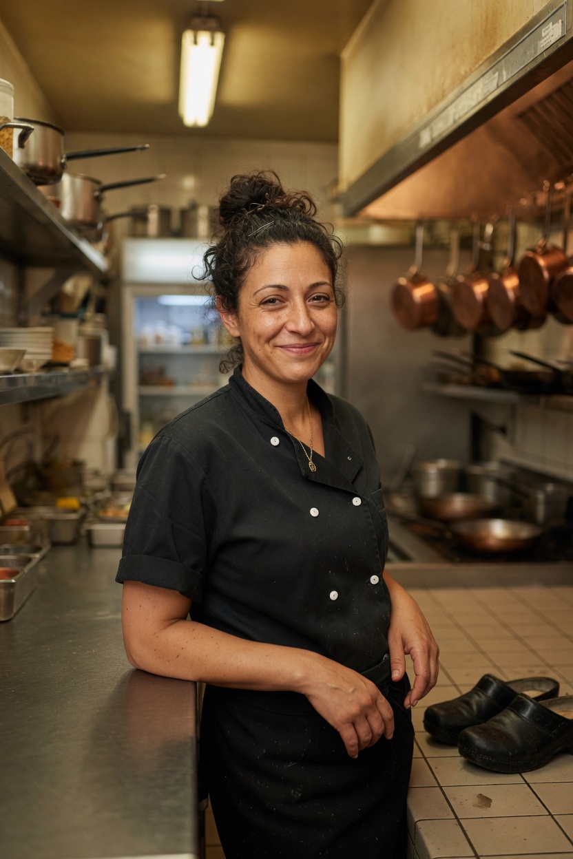 Lucia in a black chef shirt, dark curly bun, standing at a pass with copper pans, clogs off to the side.