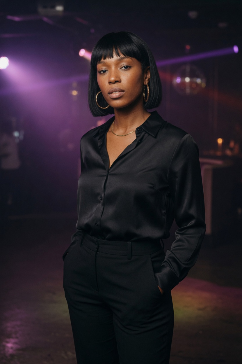 Lux with warm brown skin and a sharp black bob, gold hoops, black satin shirt and black trousers, standing on a dim nightclub floor.
