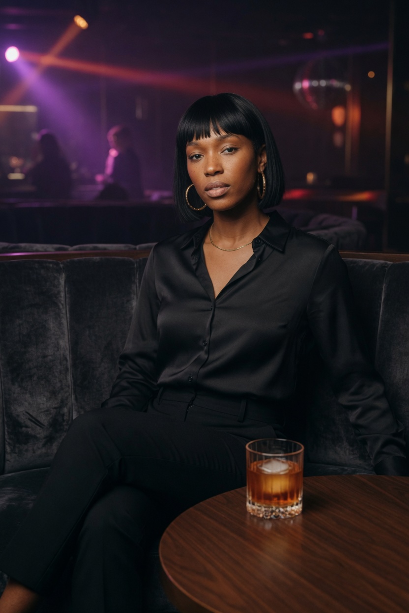 Lux in a black satin shirt and black trousers, gold hoops, seated in a dark velvet booth with a short glass on the table.