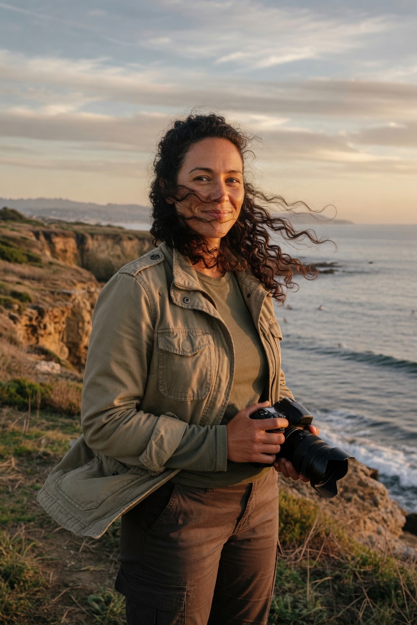 Mara in a khaki field jacket, dark curls, standing on a coastal bluff with a camera.