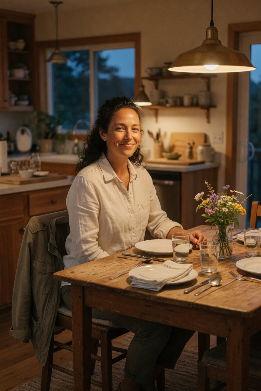 Mara in a linen shirt, field jacket on a chair, seated at a kitchen table set for three, evening.