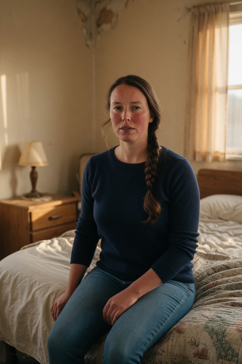 Maren in a navy sweater, braid over one shoulder, seated on a motel bed in morning light, jeans on.