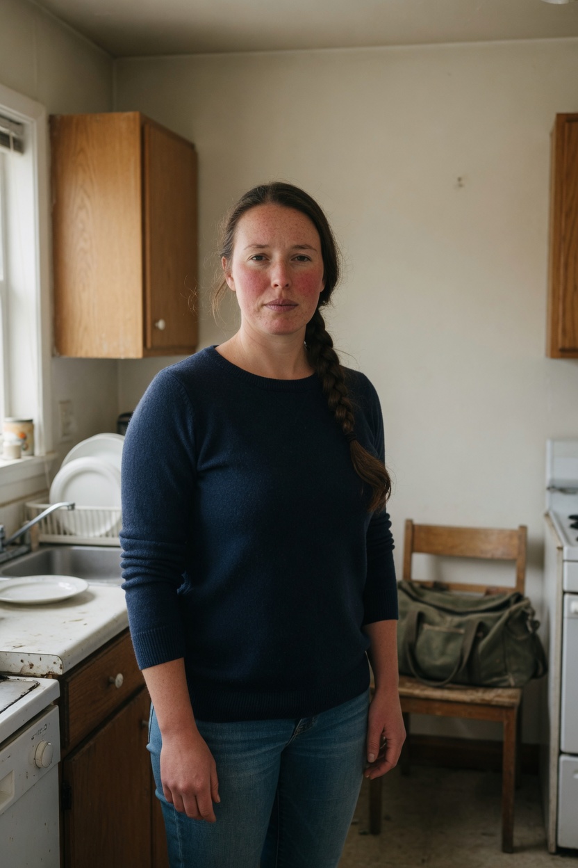 Maren with a brown braid and a navy sweater, standing in a small plain apartment kitchen, a duffel on a chair.