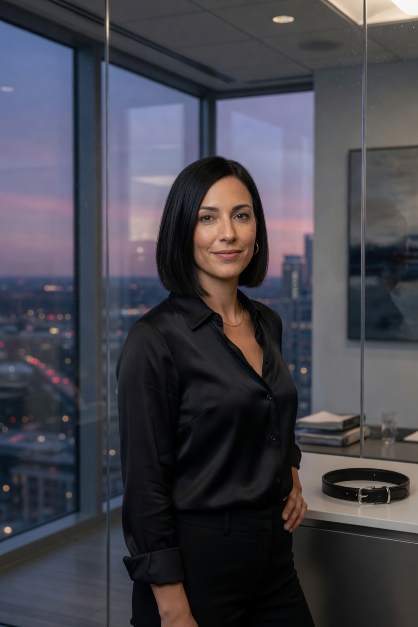 Margot in a black silk shirt, sleek bob, standing in a glass office at dusk, a thin leather collar on the desk beside closed folders.