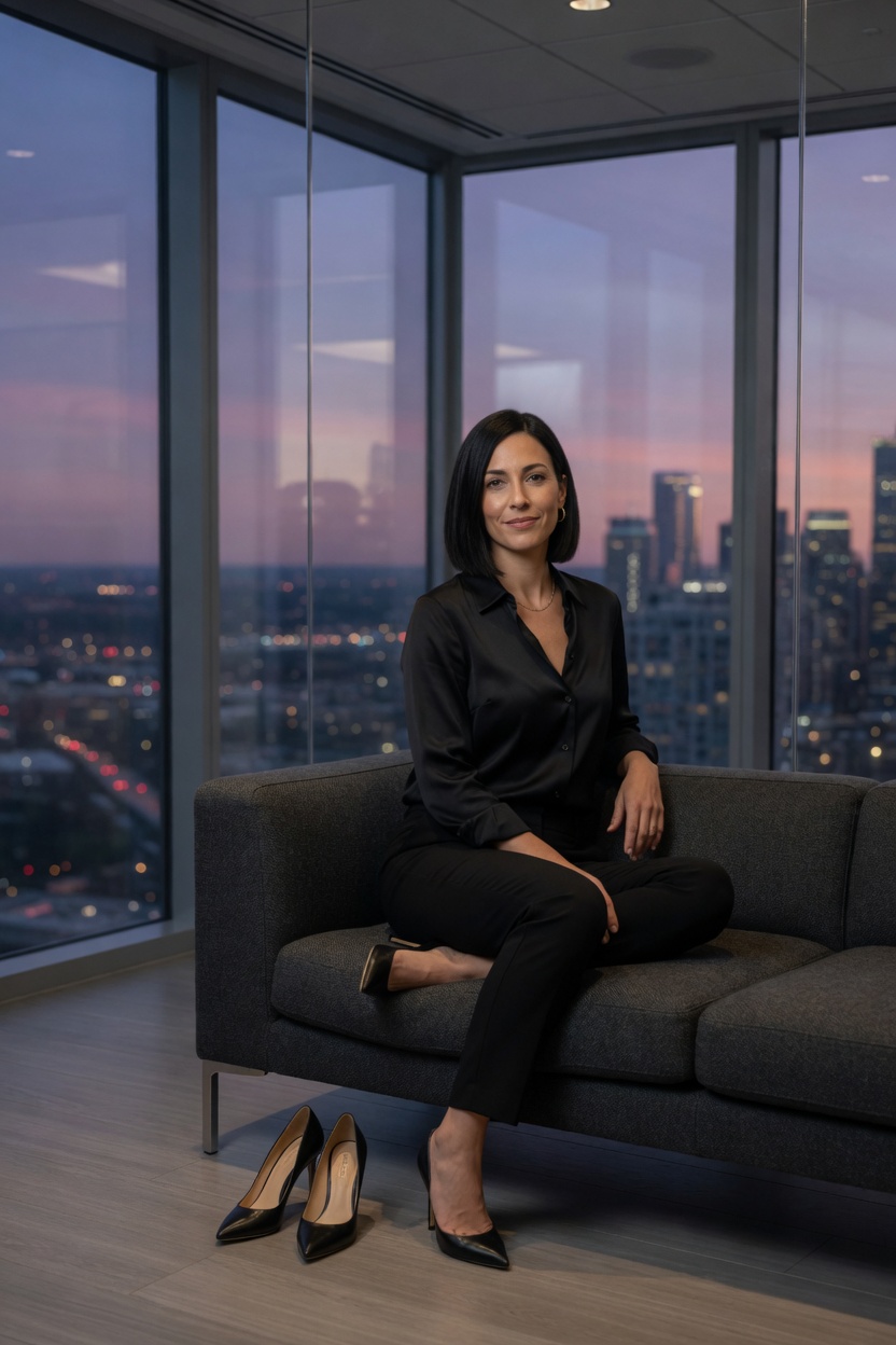 Margot seated on the office sofa, silk shirt untucked, city lights behind the glass, heels off.