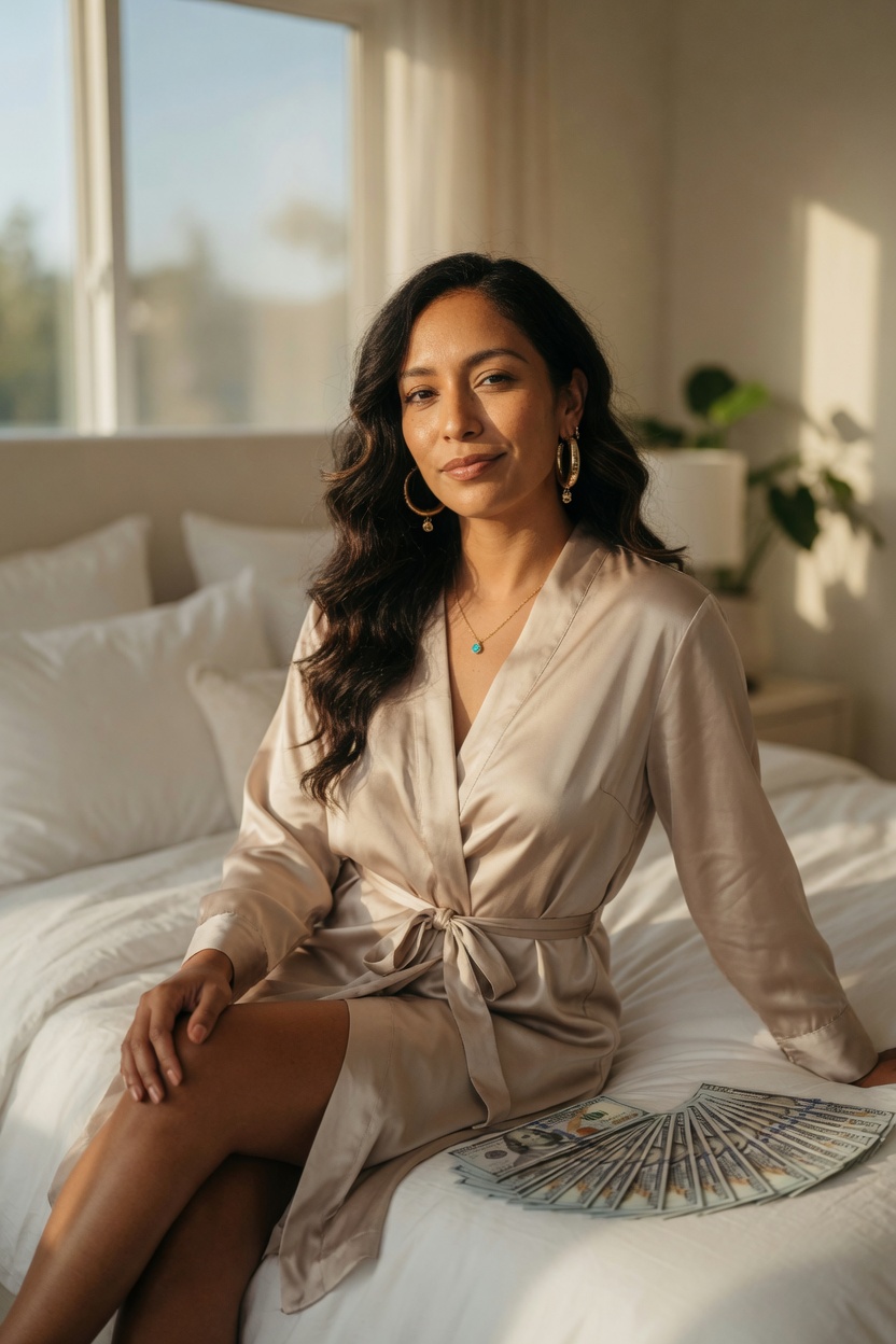 the cash on the duvet, the robe, Sunday light.