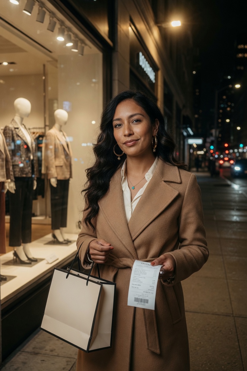 the new coat, the bag, the receipt still in my hand.