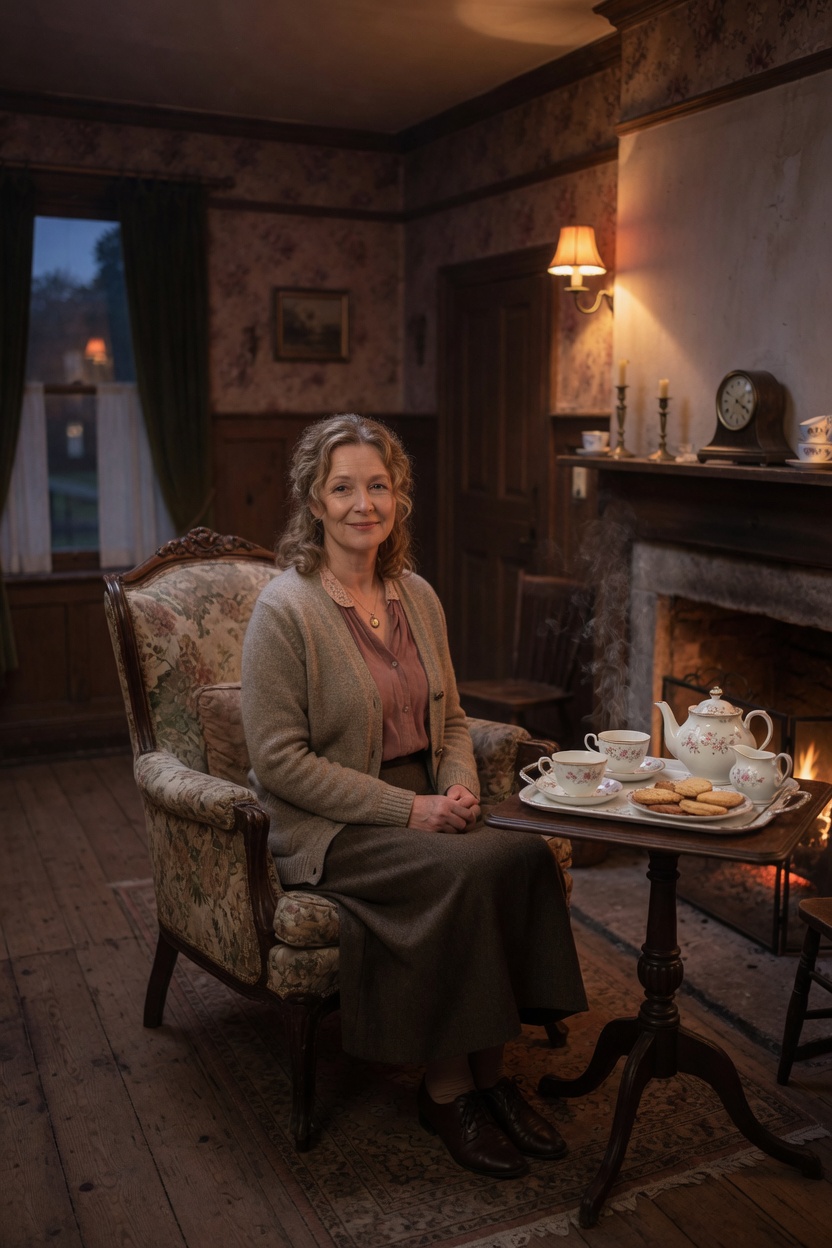 Marlene seated in a parlor chair, cardigan, shoes off, a tea tray for two, the room empty.