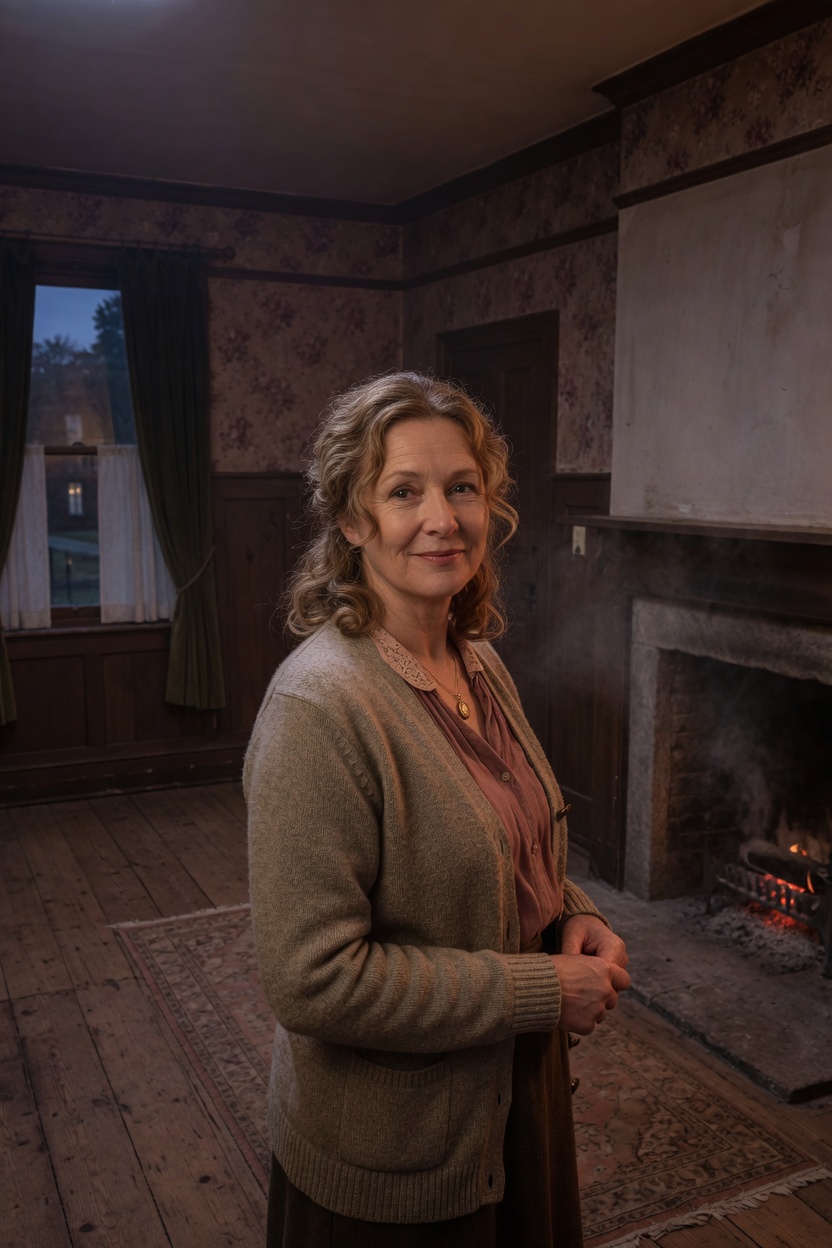Marlene with honey-grey waves, wool cardigan, standing in an empty inn parlor, fire low.