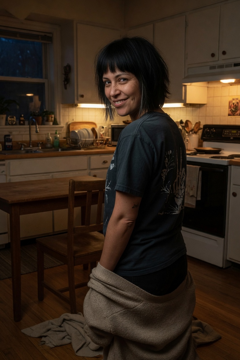 the kitchen chair, my ass red, the cardigan on the floor like I'd finally taken the day off.
