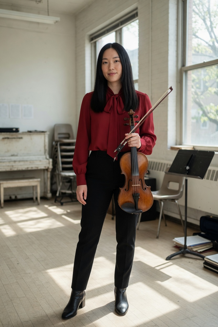 Mina in a red blouse, holding a violin, standing in a bright rehearsal room.
