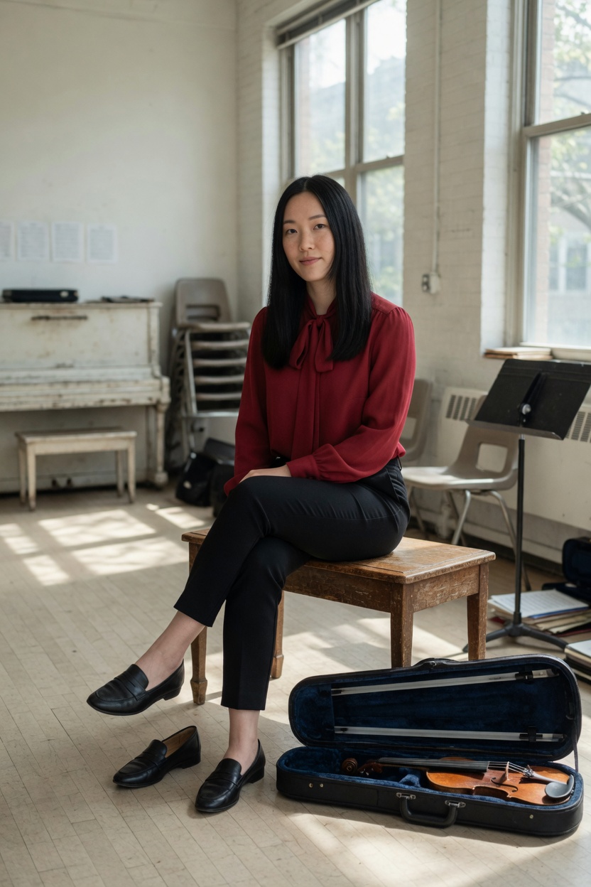 Mina seated on a piano bench in the red blouse, violin in its case, one shoe off.