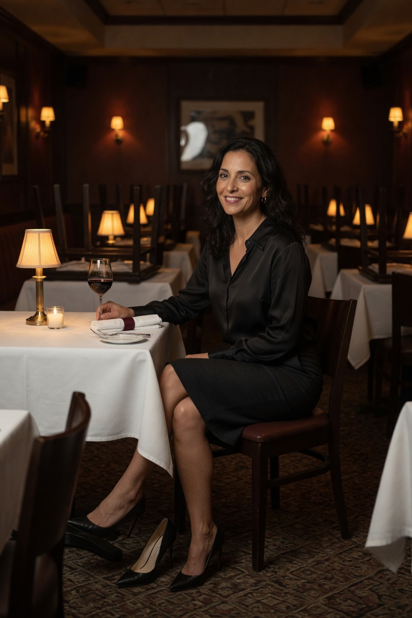 Monica in a black silk blouse, seated in an empty restaurant after close, heels on the carpet beside her chair.