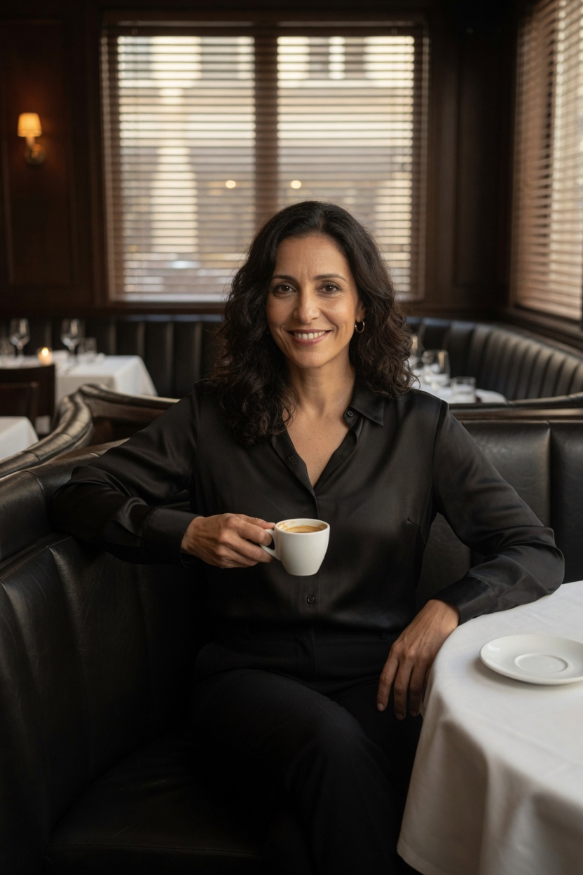 Monica in the corner booth, silk blouse untucked, morning light through the closed blinds, espresso cup in her hand.