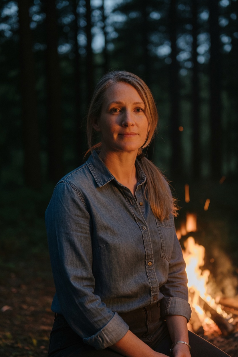 Nell with straw-blonde hair, denim shirt, standing by a small bonfire, trees dark behind her.